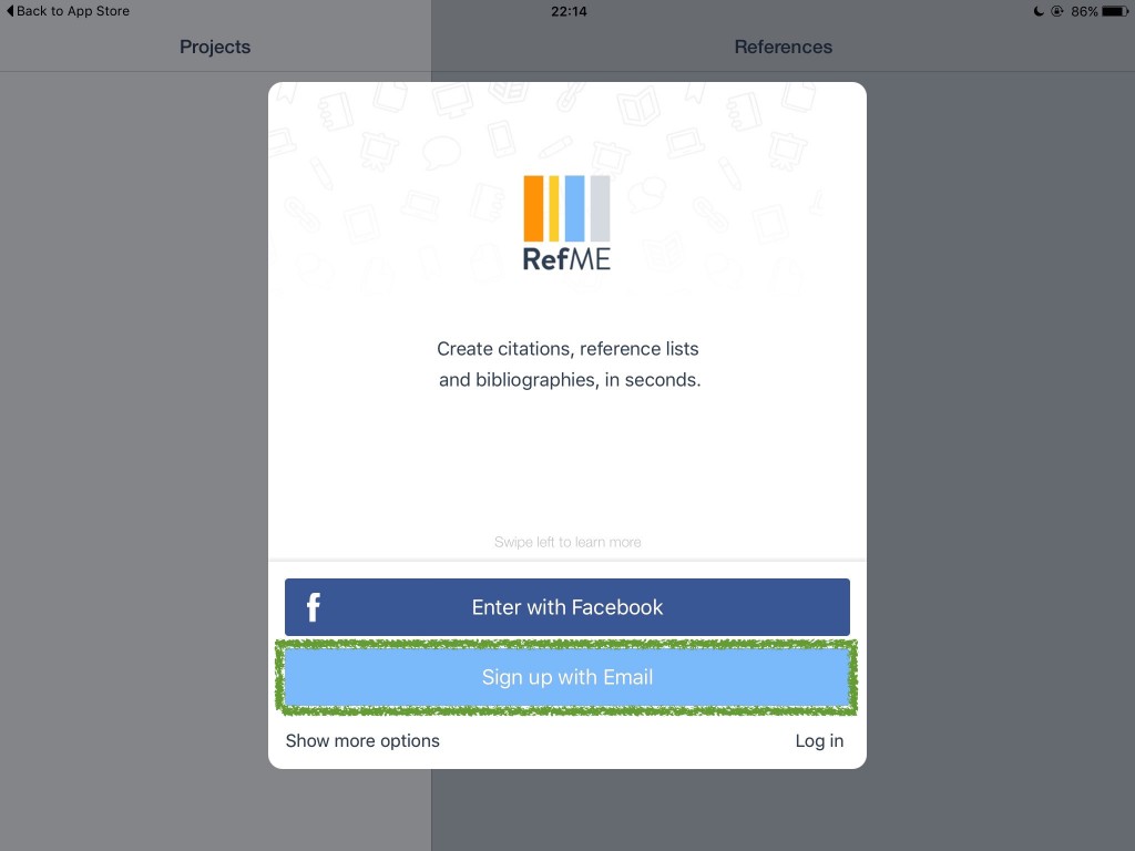 screenshot of the sign-up page in RefME app