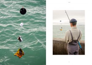 split image of man with fishing rod and catch against sea