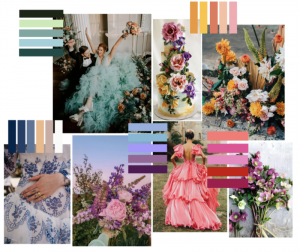 Storyboard of brightly coloured bridalwear