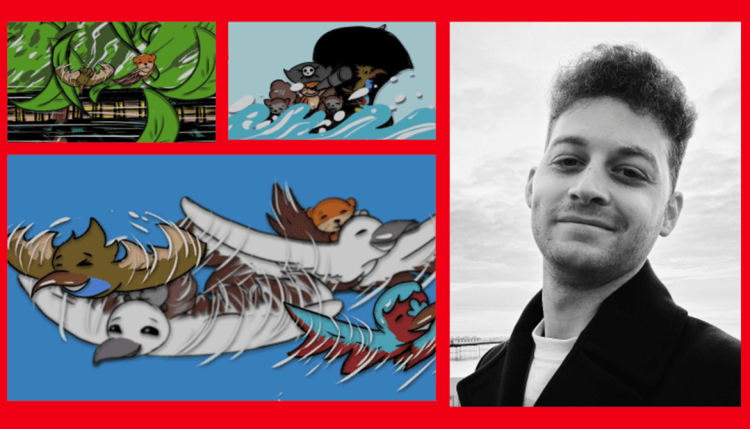 Picture of Christodoulos Kestelidis, alongside three screen shots of his animations depicting cartoon animals
