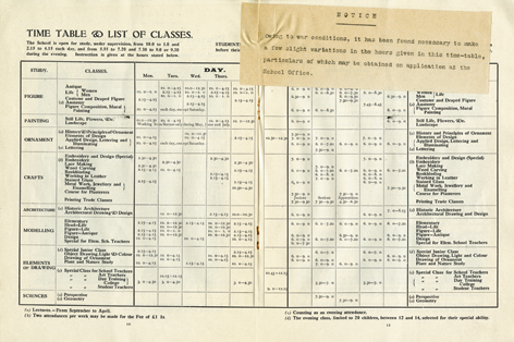 A historic sample time table and list of classes from Brighton School of Art in 1916.