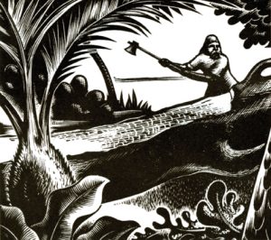 Woodcut image with large coconut design and man with axe in distance. Illustration for Robinson Crusoe by JR Biggs.