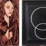 Two paintings by Keith Coventry, one of a woman in a fur walking away from a man, the other two interlocking circles