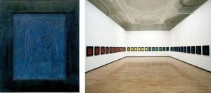 Images of Spectrum Jesus by Keith Coventry, a gallery of varying coloured panels, also close up of blue panel with Jesus head and shoulders faintly visible.