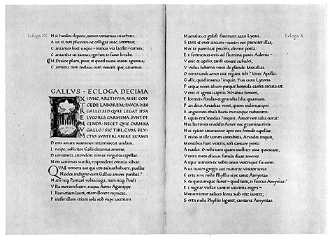 Calligraphed latin work across two pages. Large title reads Gallus, Ecloga Decima