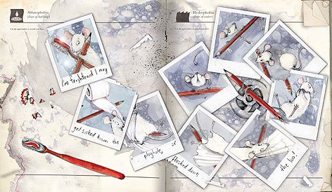 Two page book spread with Emily Gravett drawings of mouse laid out like Polaroid snapshots.