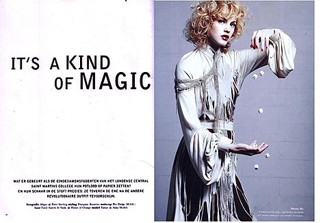 Magazine spread from German press with large title It's a kind of Magic and fashion shot of model in evening gown with web structure and billowing cuffs.