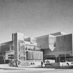 Black and white image of Hove Town hall on opening, sharp rectangular shapes in concrete and glass.