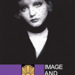 Poster in dramatic black and white of woman staring downwards.  Purple and gold bar decoration, reads Biba image and legend