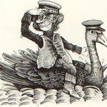 Fine line drawing. Character in a sailor's peaked cap sits on the back of a swan.