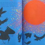 Illustration spread with radiant red sun and silhouettes of flying birds from Kepes The Seed that Peacock Planted