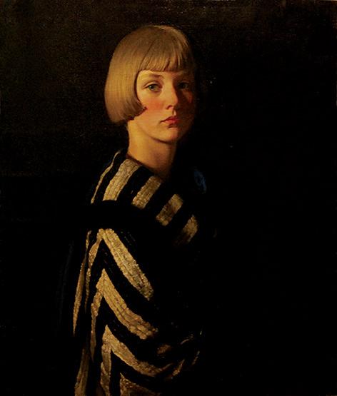 Painted portrait of young woman with 1920s hair style and black and gold costume against black background. Louis Ginnett, Portrait of Mary