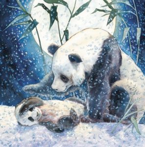Illustration of adult and baby panda in snow with bamboo and moon.