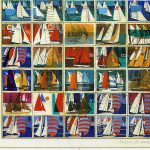 Contact sheet of stamp designs, five by five, all with bright white and coloured sails dominating composition