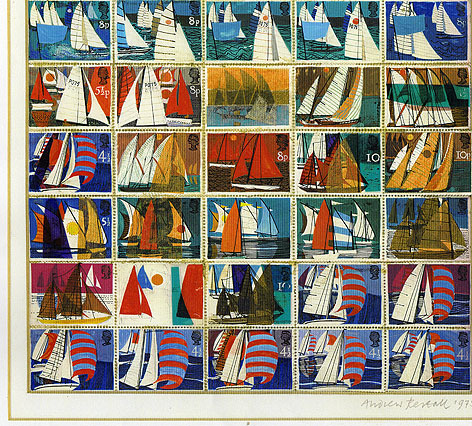 Contact sheet of stamp designs, five by five, all with bright white and coloured sails dominating composition