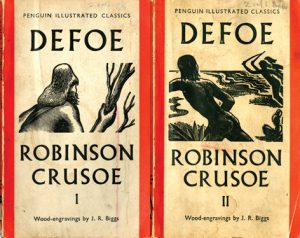 Two book covers of Penguin classics, parts one and two of Defoe Robinson Crusoe with wood engravings by JR Biggs.