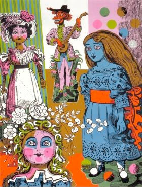 Illustration with doll figures in bright pink and blue