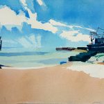 Vibrant broad brush water colour of dark ships on a beach with bright sky. Hastings by Ian Potts