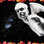 Alison Lapper's work, her own naked torso with angel wings, red decorated border of black and white image