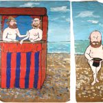 Diptych with cartoon images of covered naked males on Brighton beach, two in a punch and judy booth tweaking a nipple as with the Gabrielle D'Estrees portrait and a standing bearded figure covering his groin with a top hat.