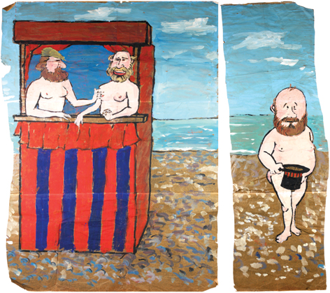 Diptych with cartoon images of covered naked males on Brighton beach, two in a punch and judy booth tweaking a nipple as with the Gabrielle D'Estrees portrait and a standing bearded figure covering his groin with a top hat.
