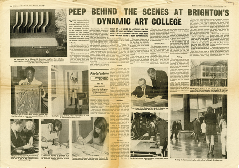 A newspaper spread with large titling saying Peep behind the scenes at Brighton's dynamic art college.