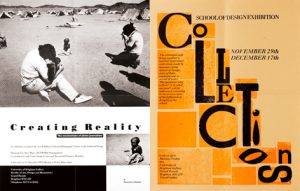 Two posters, one with a black and white photograph, the other with a typographic device on the word Collections