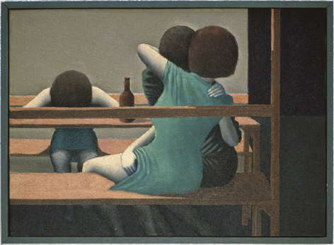 Painted image showing three figures backs or tops of heads, front two embracing, rear figure with head on table.