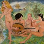 Stylised realist painting of four nudes, standing and seated femles, seated males one with lute.