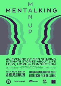 Poster advertising a mental health event called Men Talking on 8th November 2023 at The lantern Theatre in Brighton. Poster show silhouettes of two faces looking a each other
