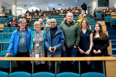 At the screening of ‘The Mauritanian’ at the University of Brighton on April 28, 2023: Andy Worthington, Law Lecturer Sara Birch, Mohamedou Ould Slahi, Steve Wood, and Lottie Newcombe and Hannah Klein, the two law students who organised the event.