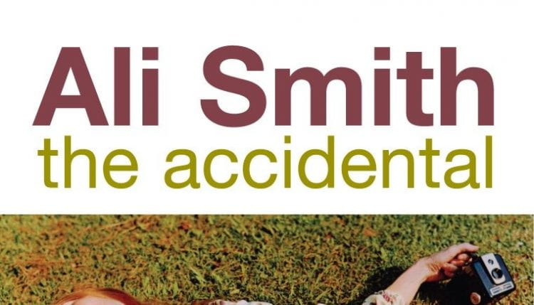 Cover for Ali Smith's novel called The Accidental: shows a young woman with a box camera lying on the grass with eyes closed