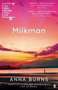 Cover of Anna Burn's novel titled Milkman, Pink sky over Irish seascape