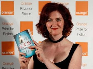 Sarah Donoghue holding a copy of her novel, Room, at the Orange Prize awards