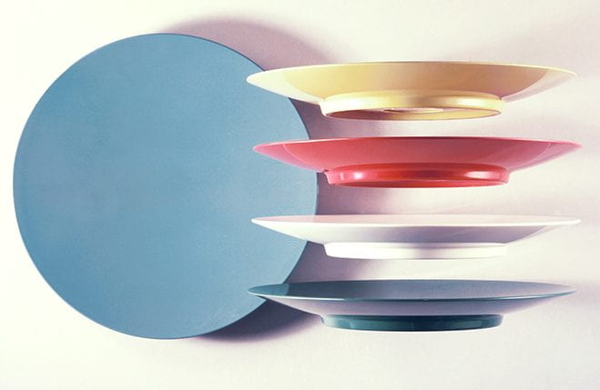 A colour photograph of melamime plates from 1960. Taken from the Design Council Archive housed at the University of Brighton Design Archives.