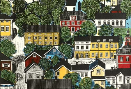 A colourful detail from a poster from the Icograda Archive, depicting the city of Porvoo in Finland. University of Brighton Design Archives.