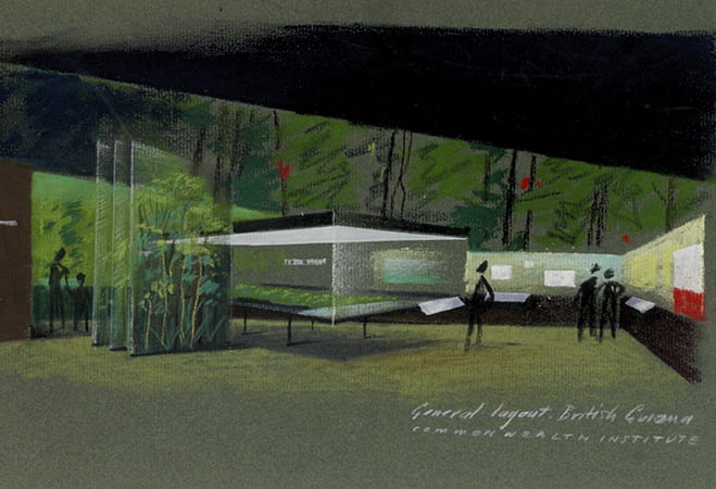 An original pastel drawing on green paper of the general layout of the British Gurana section of the Commonwealth Institute by James Gardner. Taken from the James Gardner Archive housed at the University of Brighton Design Archives.