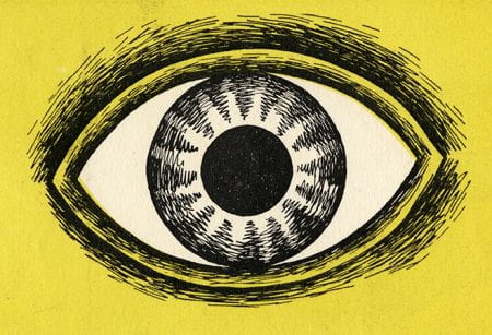 A detail of an eye on yellow background from the Black Eyes and Lemonade exhibition by Barbara Jones