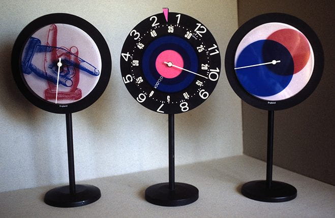 Colour photograph showing three standing clocks designed by Paul Clark. Taken from the Paul Clark Archive housed at the University of Brighton Design Archives.