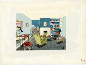 An original, collaged room layout piece showing a colourful sitting room setting from the 1950s. Taken from a set of original mixed media illustrations by David Knight (MSIA) created for the ‘Colour and Pattern in the Home’ booklet from the Design Council Archive held in the Design Archives.