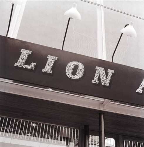 A black and white photographic image showing the lettering on the Lion and the Unicorn Pavilion at the Festival of Britain by John Brinkley. From the Design Council Archive housed at the University of Brighton Design Archives.