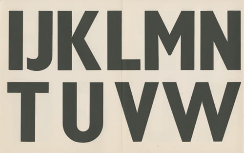 Image showing a font with some letters from the alphabet from 'The Use of Standardized lettering in Street and Transport Signs', Festival of Britain, 1951. The recommended alphabet for directional signposting was Gill Bond Condensed. Housed in the Design Council Archive at the University of Brighton Design Archives.