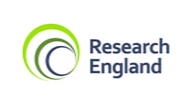Research England logo. Blue to green spiral with text