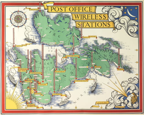A colourful map of the United Kingdom on its side, showing the Wireless stations locations around the country (1939). Produced for the General Post Office and designed by Max Gill.
