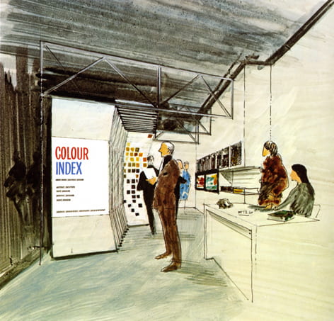 A colour sketch showing people looking at an exhibition with the title 'Colour Index'