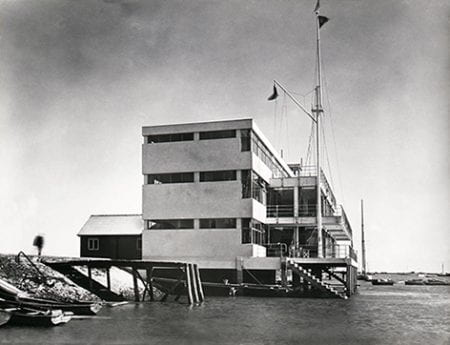 A black and white photograph showing The Royal Corinthian Yacht Club, Burnham on Crouch, 1931. Taken from the Joseph Emberton Archive housed at the University of Brighton Design Archives.