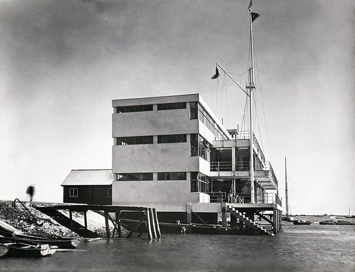 Black and white photograph showing the Royal Corinthian Yacht Club, designed by Joseph Emberton, in Burnham-on-Crouch in 1931. Taken from the Joseph Emberton Archive housed at the University of Brighton Design Archives.