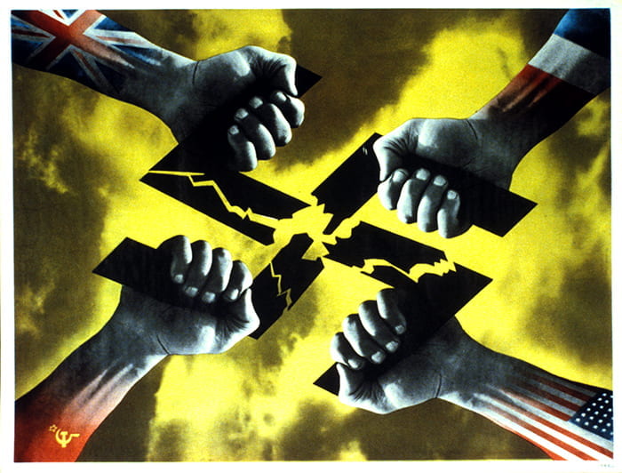 A colour poster showing four hands with the flags of France, USSR, USA and Britain painted on them, breaking a swastika. Designed by FHK Henrion. Taken from the FHK Henrion Archive housed at the University of Brighton Design Archives.