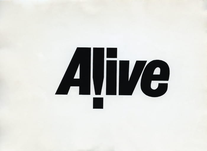 Black text stating 'Alive' on white paper for a youth group masthead, designed by Richard Hollis. Taken from the Richard Hollis Archive housed at the University of Brighton Design Archives.
