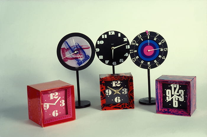 A colour transparency of a collection of six colourful clocks designed by Paul Clark between 1959 and 1962. Taken from the Paul Clark Archive housed at the University of Brighton Design Archives.